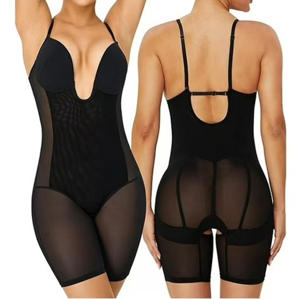 Decorus Women's XL Black U Plunge Strapless Mid Thigh Bodysuit Shapewear OS6-33